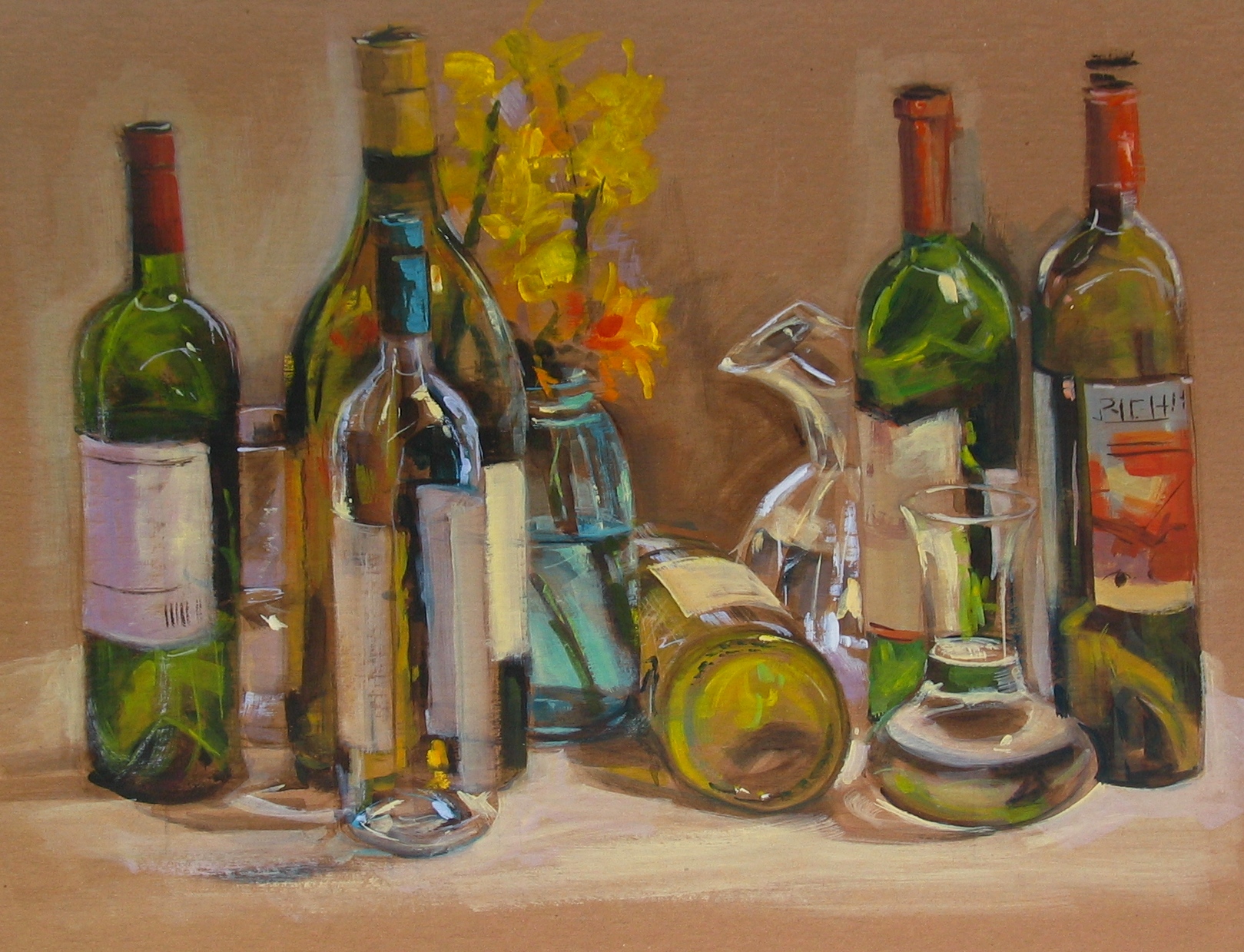 18x24 glass  paint of glass painting Acrylic bottles, about on cardboard, acrylic with demo in.